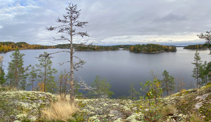 Syksyinen järvimaisema, jossa kallioisia saaria.