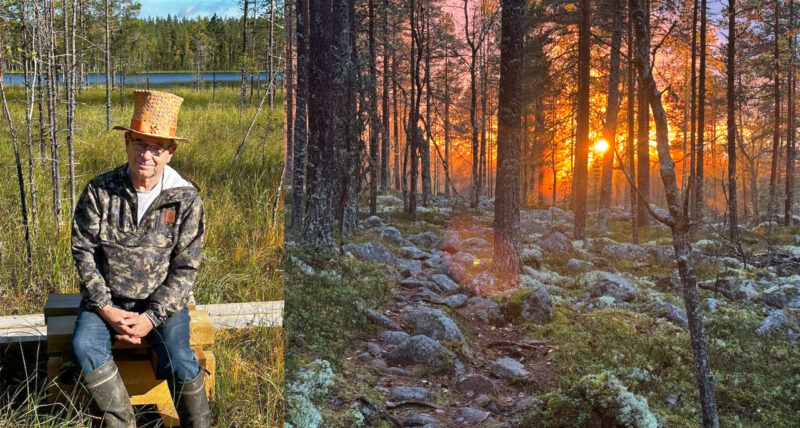 Vasemmalla Luontoproffa Hannu Raitio istumassa suon pitkospuulla tuohinen silinterihattu päässä. Oikealla kivikkoista mäntymetsää, johon siivilöityy laskevan auringon valoa. 