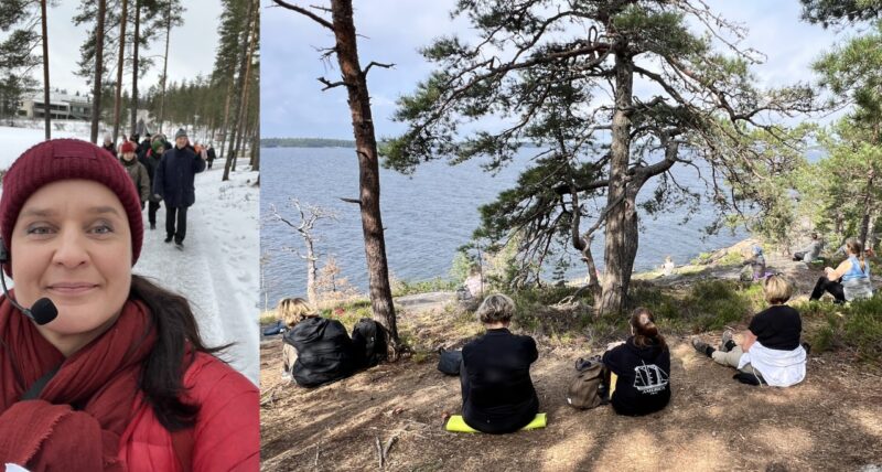 Kaisu Majala lähikuvassa, taustalla retkeläisiä talvisessa metsässä, oikealla ihmisiä istumassa rantakalliolla. kesällä